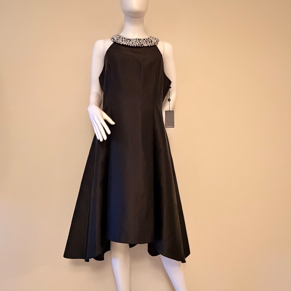 NWT Adrianna Papell Women Black‎ Pearl Neck High Low  Cocktail Dress Size 10